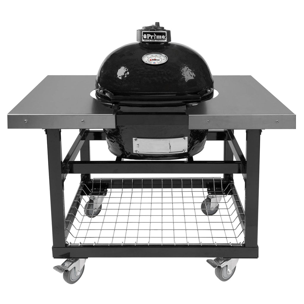 Oval charcoal ceramic kamado grill on cart with side shelves and wire cooking rack