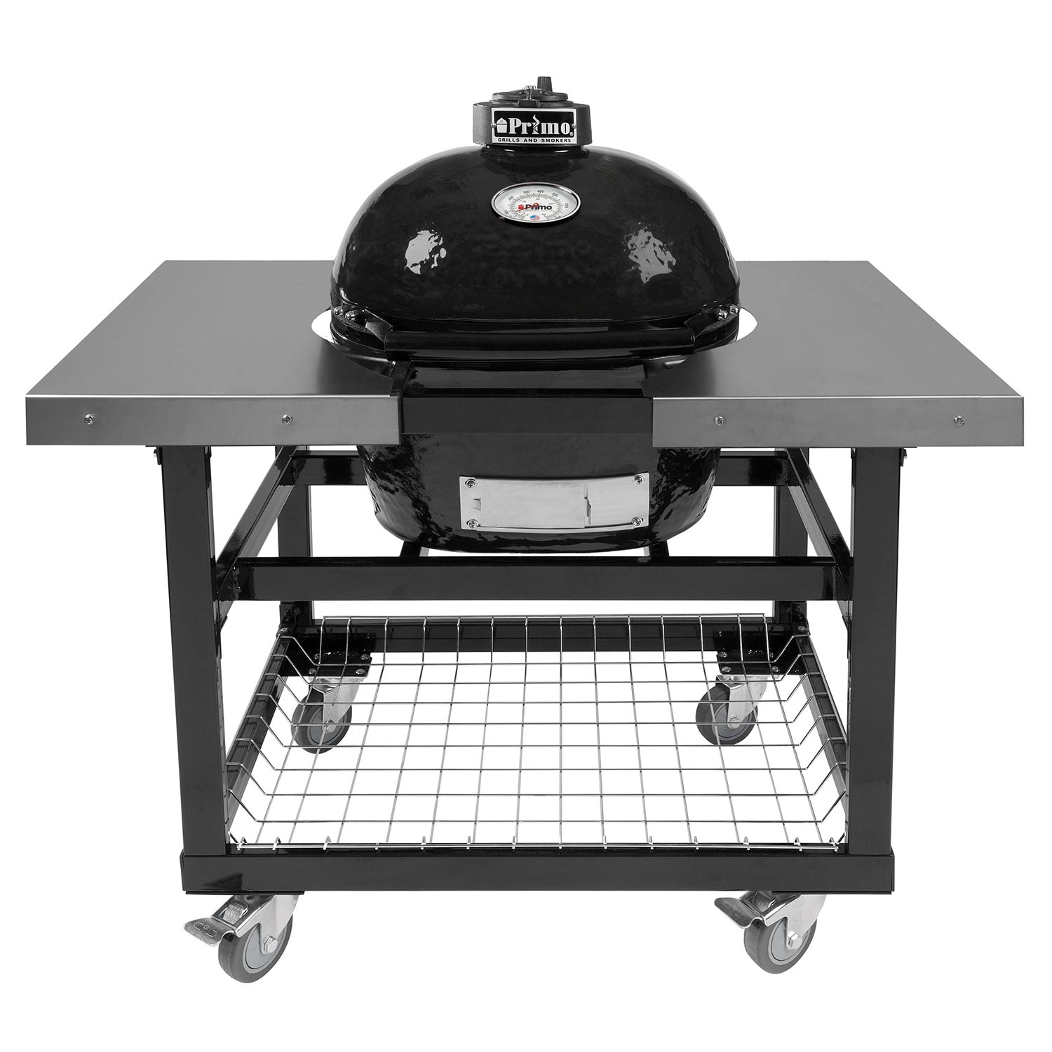 Oval charcoal ceramic kamado grill on cart with side shelves and wire cooking rack