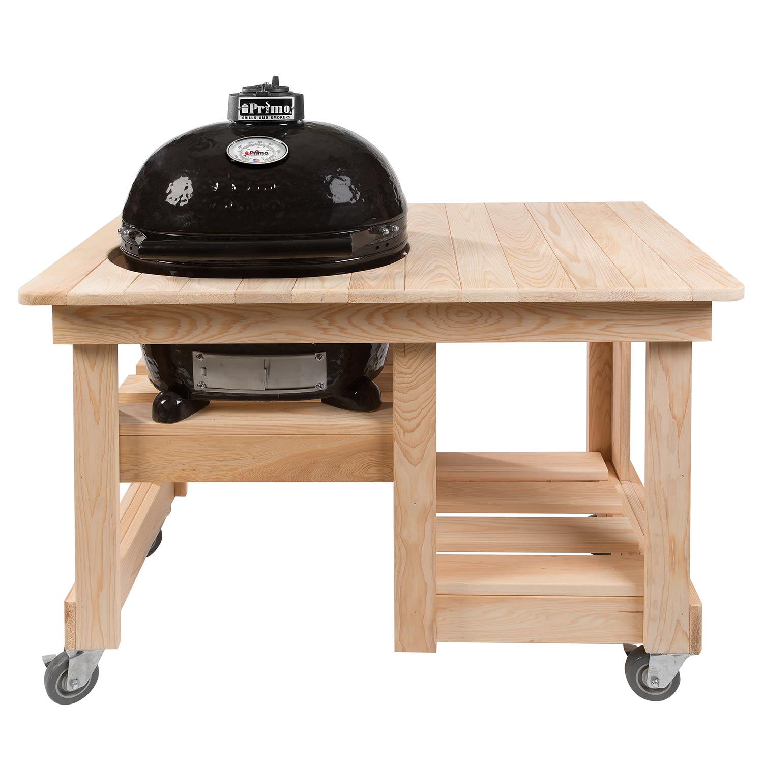 Junior oval ceramic kamado grill on wooden stand with caster wheels, charcoal finish