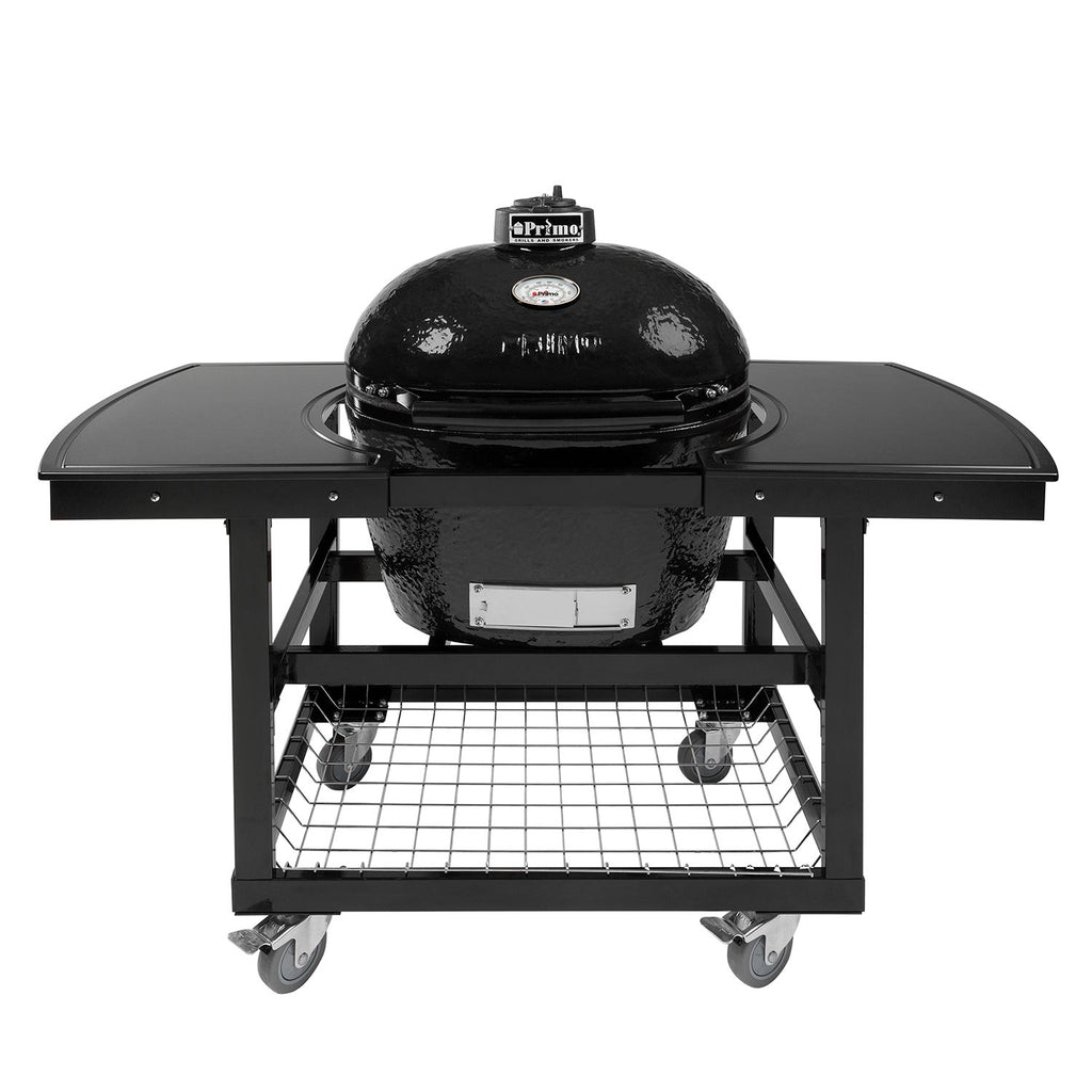 Charcoal oval ceramic kamado grill on wheeled cart with side shelves and cooking grate