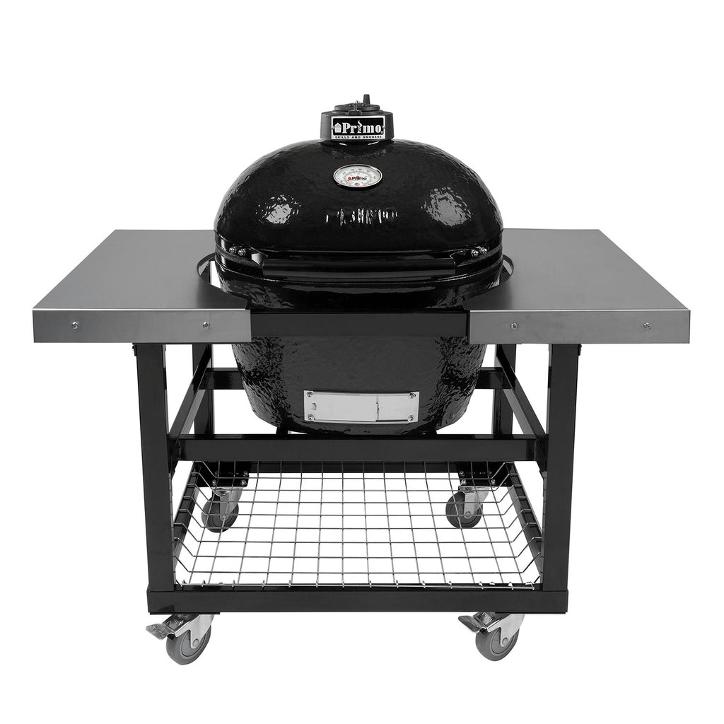 Charcoal oval ceramic kamado grill on wheeled cart with side shelves and lower shelf