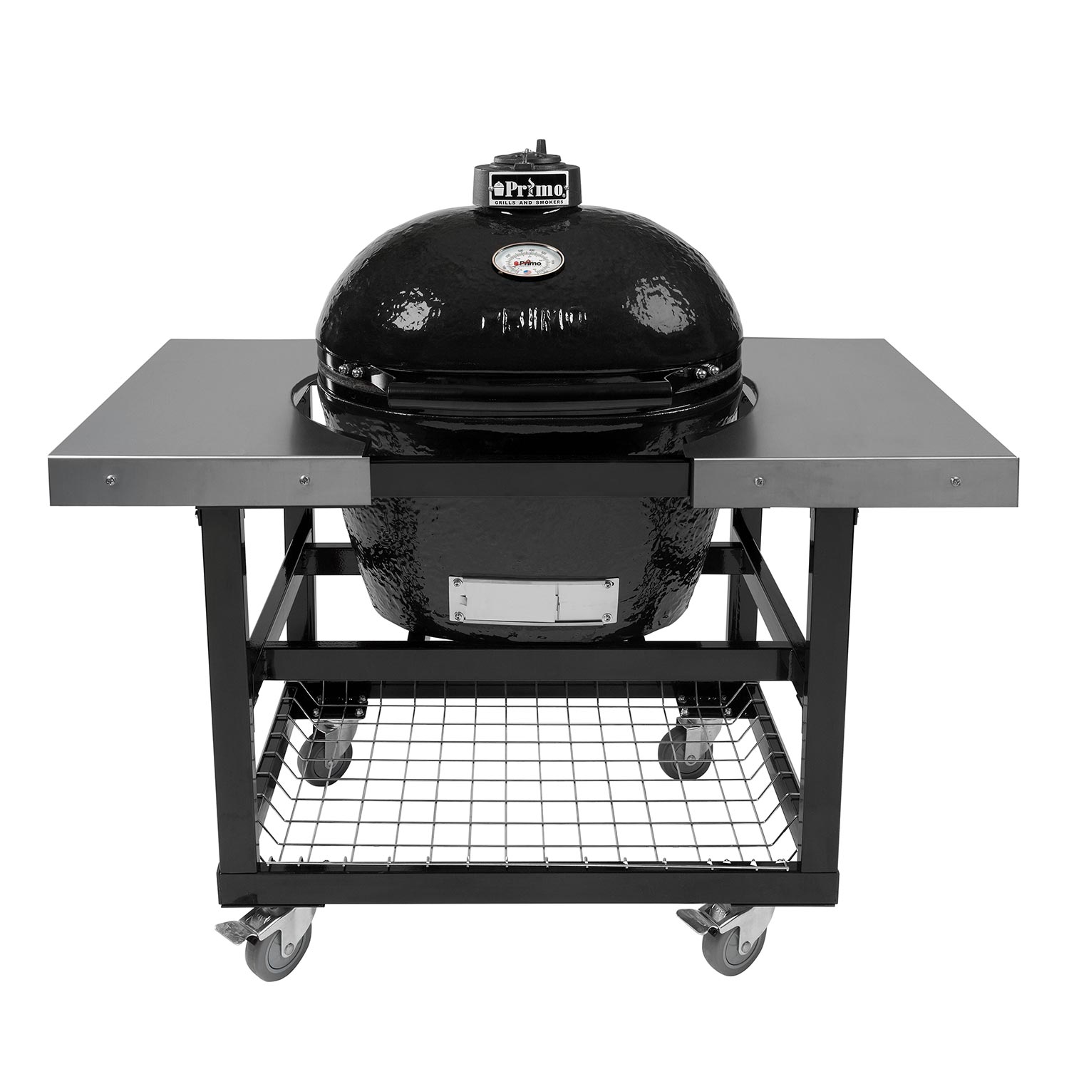 Charcoal oval ceramic kamado grill on wheeled cart with side shelves and lower shelf