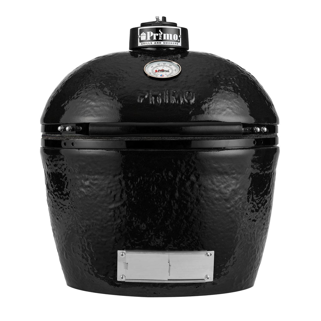 Charcoal ceramic oval kamado grill head with Primo logo and metal latch band