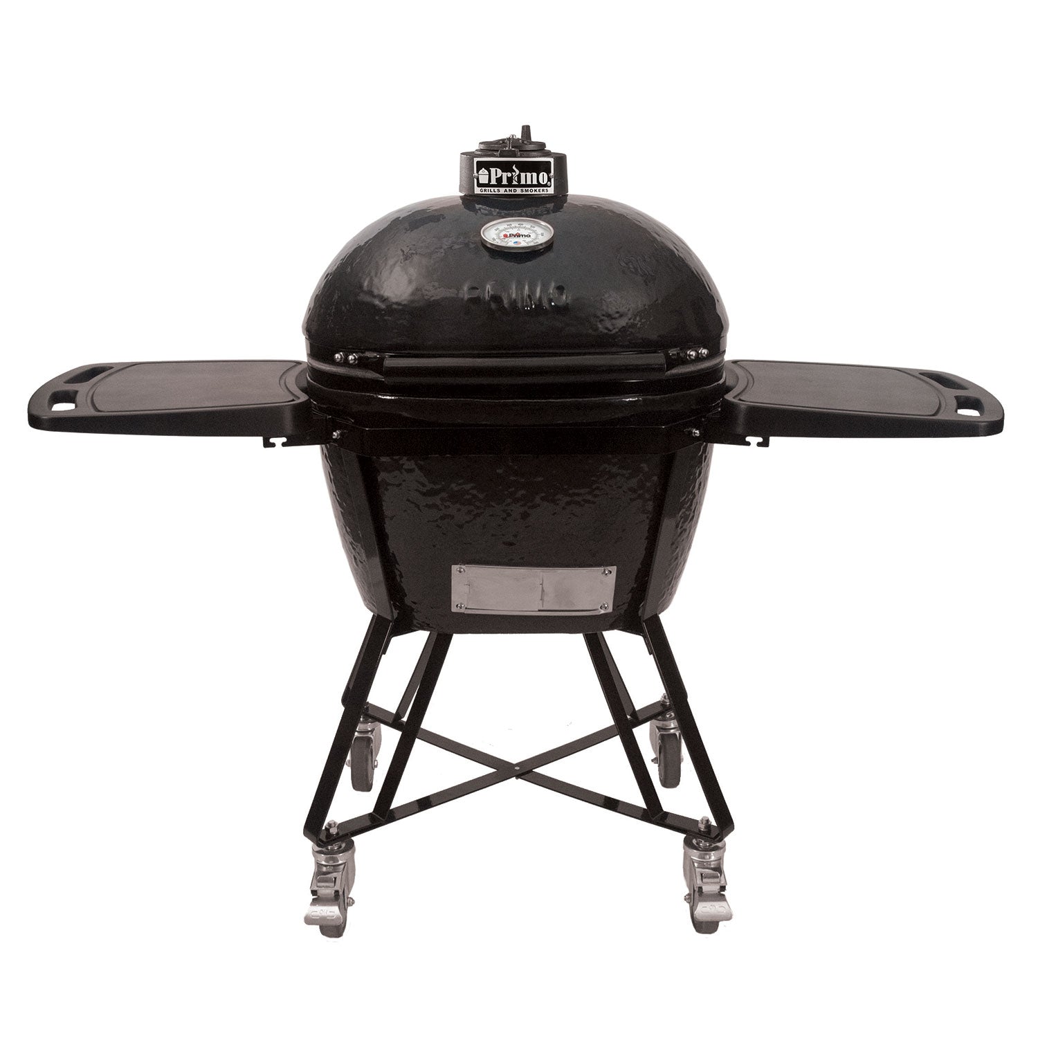 Large oval ceramic kamado grill with black dome and wheeled stand