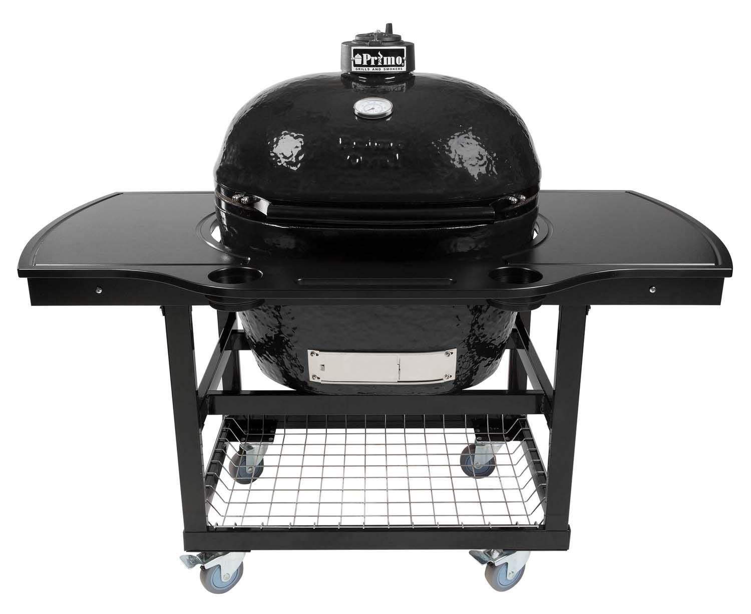 Charcoal oval ceramic kamado grill on wheeled cart with wire rack and shelves