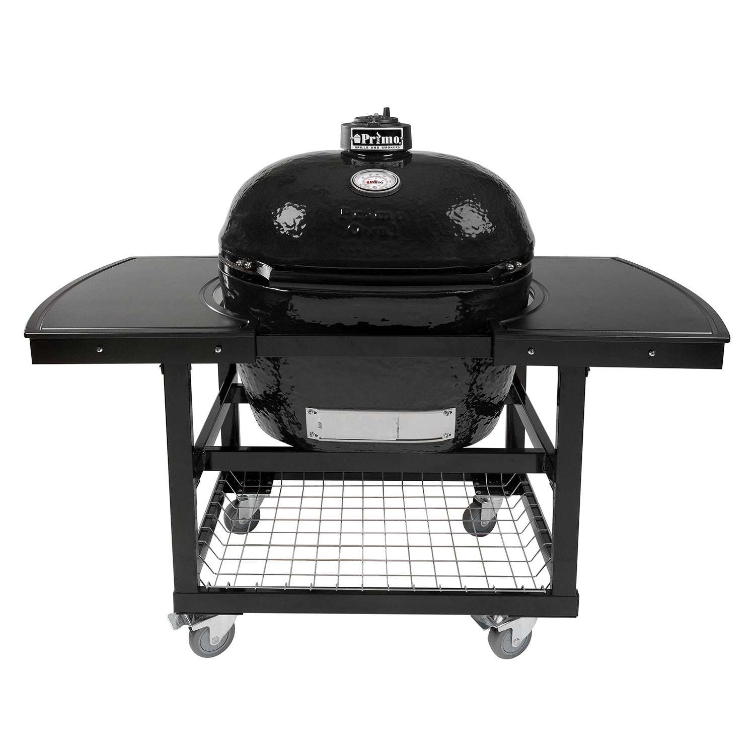 Charcoal oval ceramic kamado grill on wheeled cart with lid and wire cooking grate
