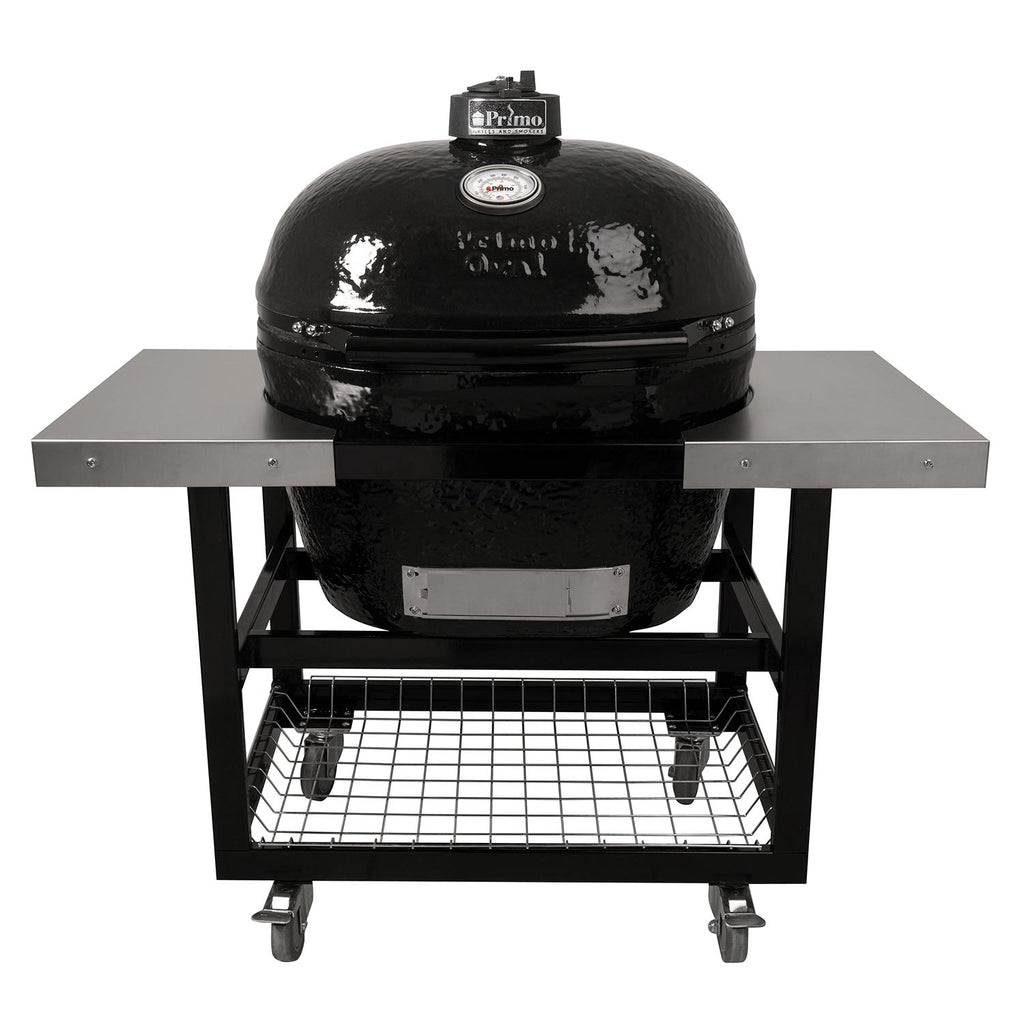 Charcoal oval ceramic kamado grill on wheeled cart with front view of lower grate
