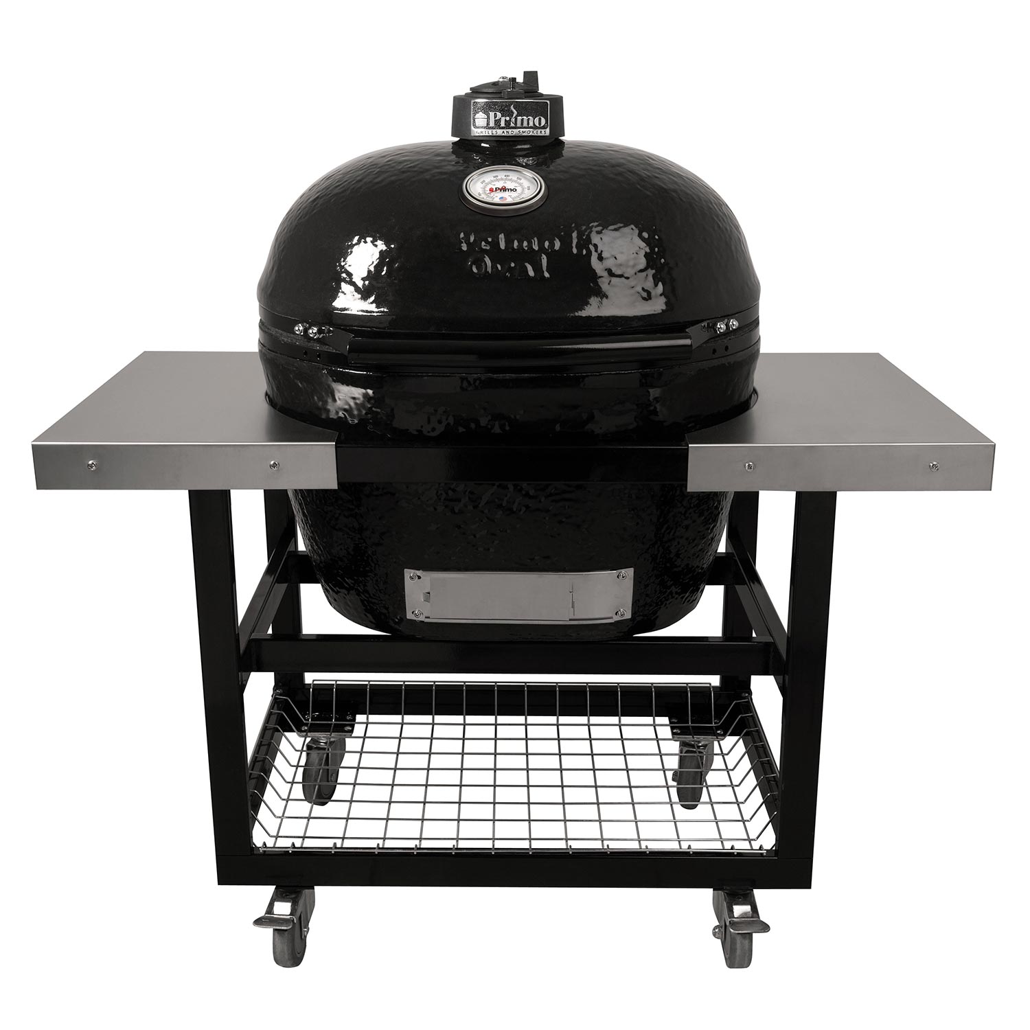 Charcoal oval ceramic kamado grill on wheeled cart with front view of lower grate