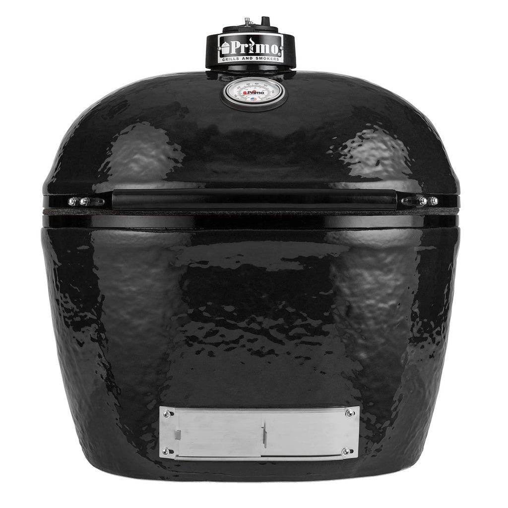 Charcoal oval ceramic kamado grill head with Primo logo on lid, dark glossy finish