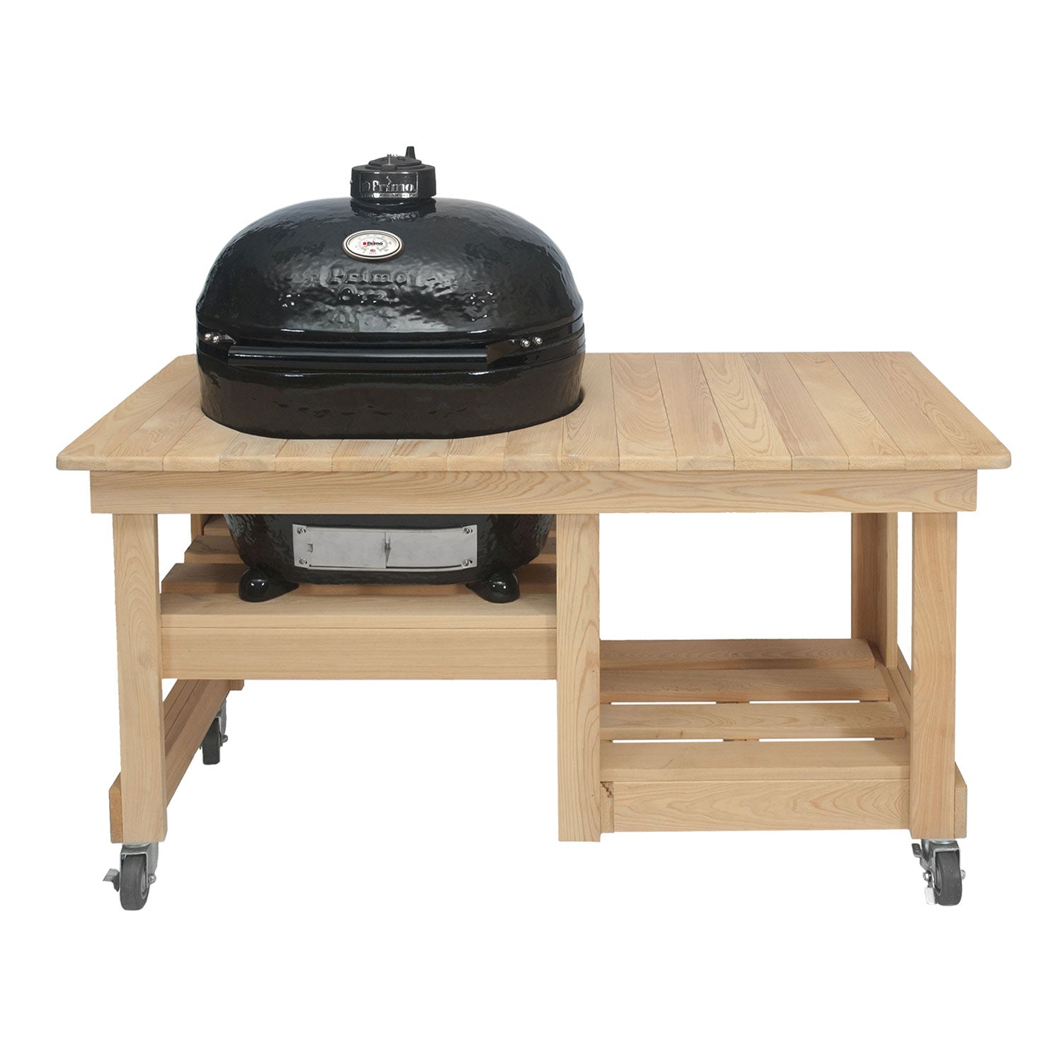 Charcoal oval ceramic kamado grill on light wood countertop table with side shelf
