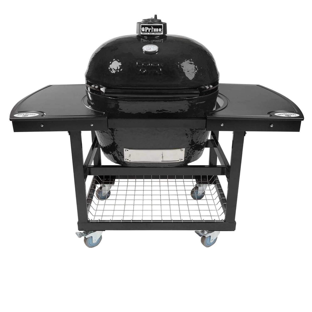 Primo CXLH extra large oval ceramic kamado grill on cart with charcoal lid