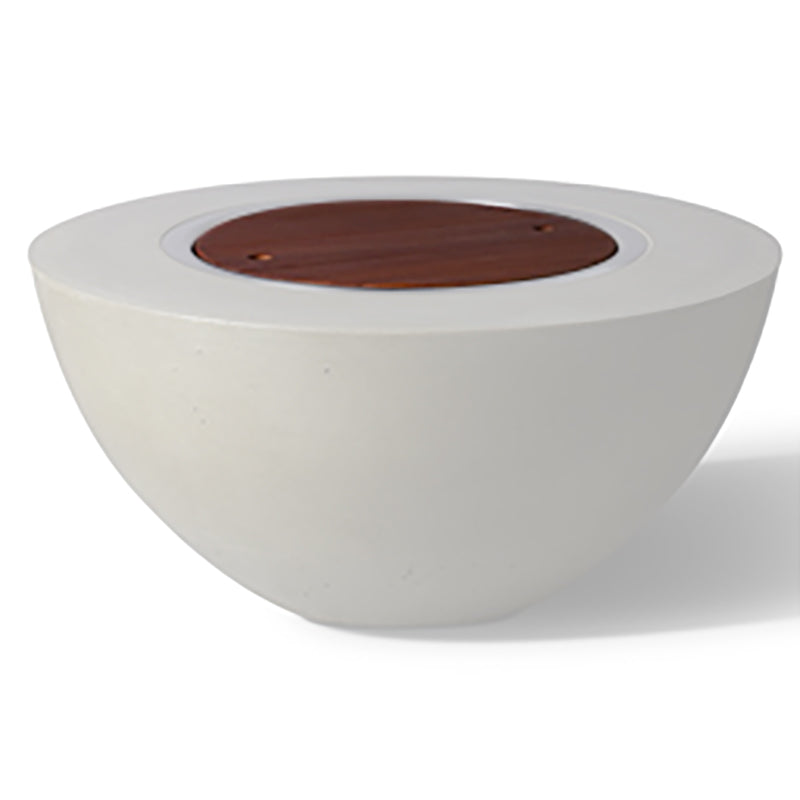White round fire pit with circular burner opening and visible fire insert