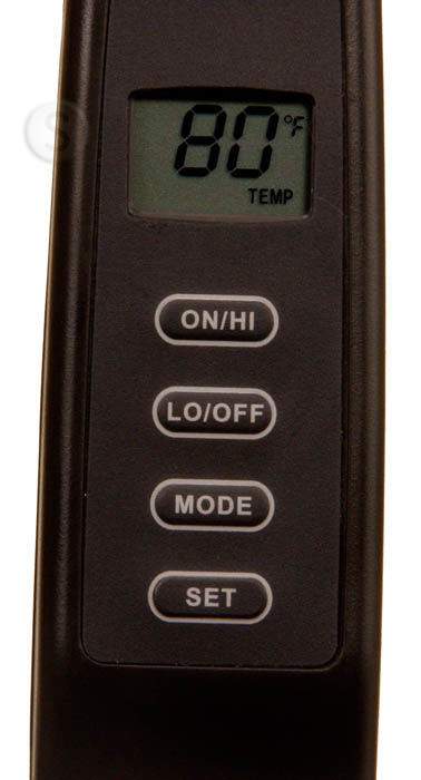 Close-up remote transmitter display reading 80°F with On/Hi and mode buttons