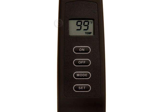 Close-up black transmitter remote with LCD temperature display and ON/OFF, MODE, SET buttons