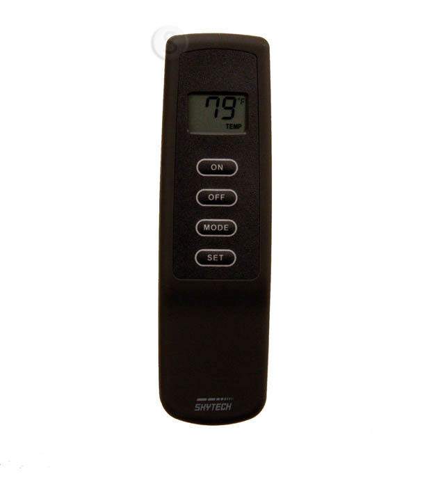 Black transmitter remote with LCD temperature display and ON/OFF, MODE, SET buttons