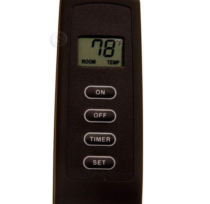 Dark remote transmitter with LCD showing temperature and control buttons