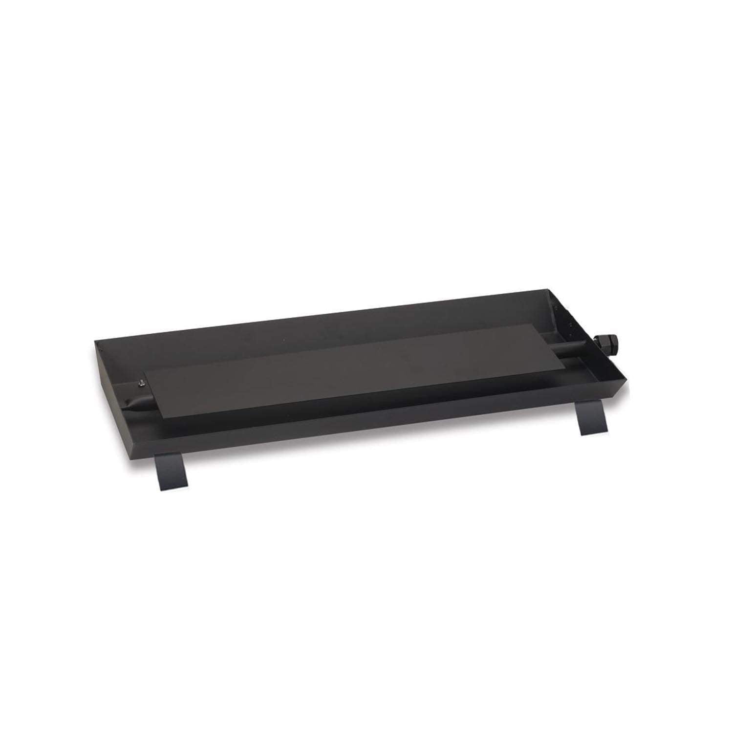 Black pan burner base with vented channels and support legs