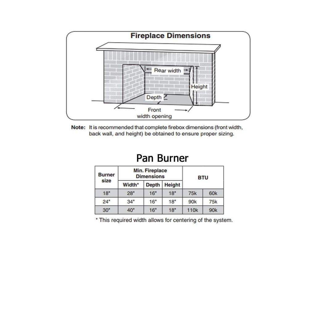 Fireplace dimension diagram with pan burner sizing table