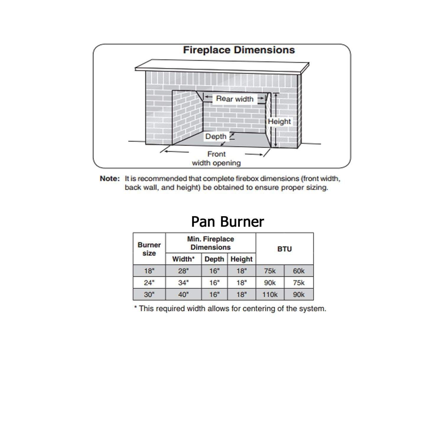 Fireplace dimension diagram with pan burner sizing table