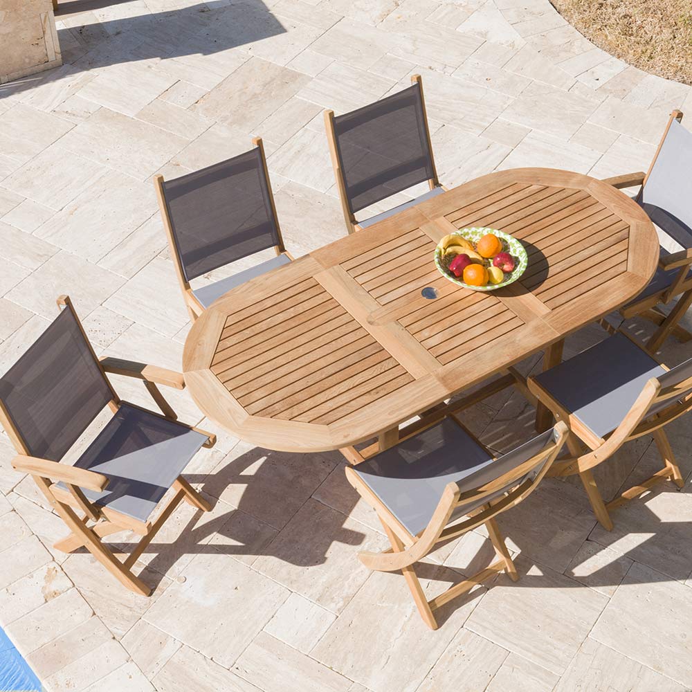 Royal Teak Collection P10 7-Piece Teak Patio Dining Set with 60/78-Inch Oval Expansion Table & Sailmate Sling Folding Chairs