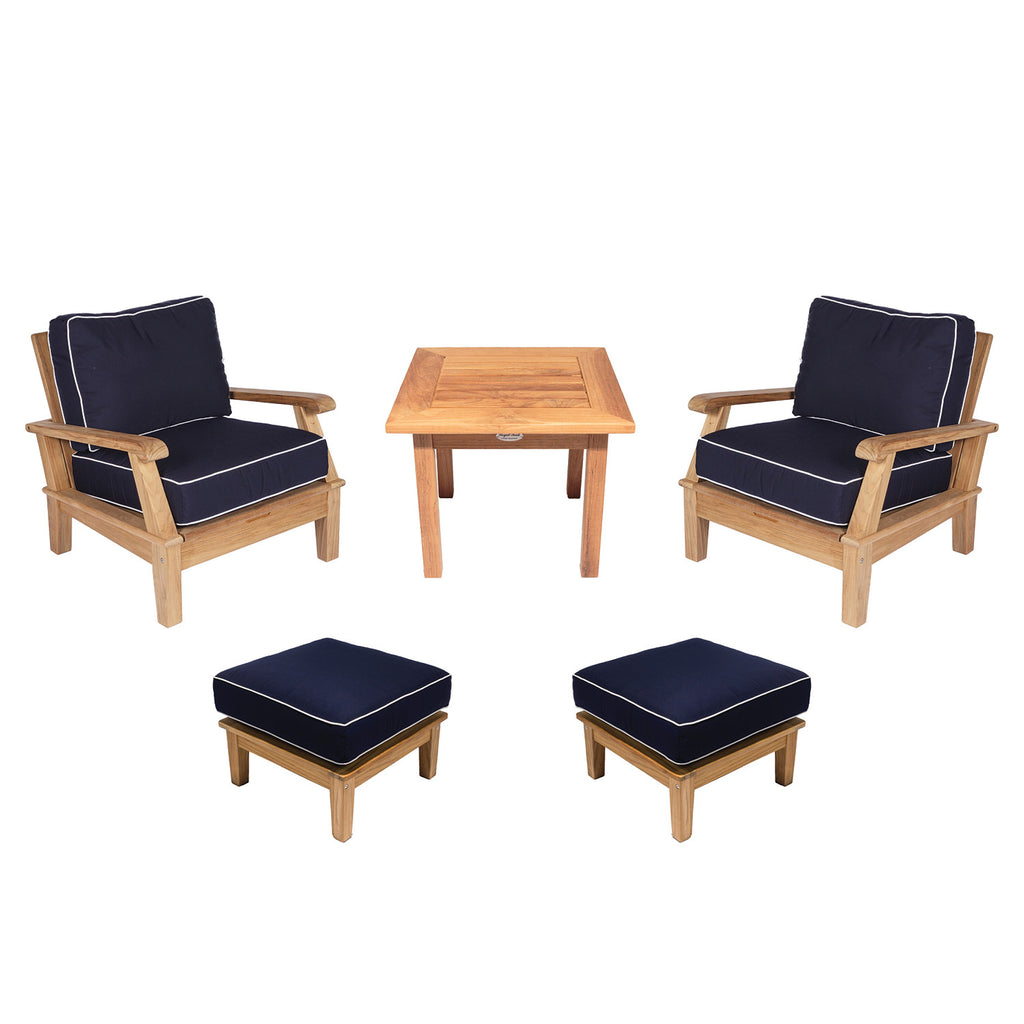 Royal Teak Collection P105 Miami Deep Seating 5-Piece Teak Patio Conversation Set with Chairs, Ottomans, Square Side Table & Sunbrella Cushions