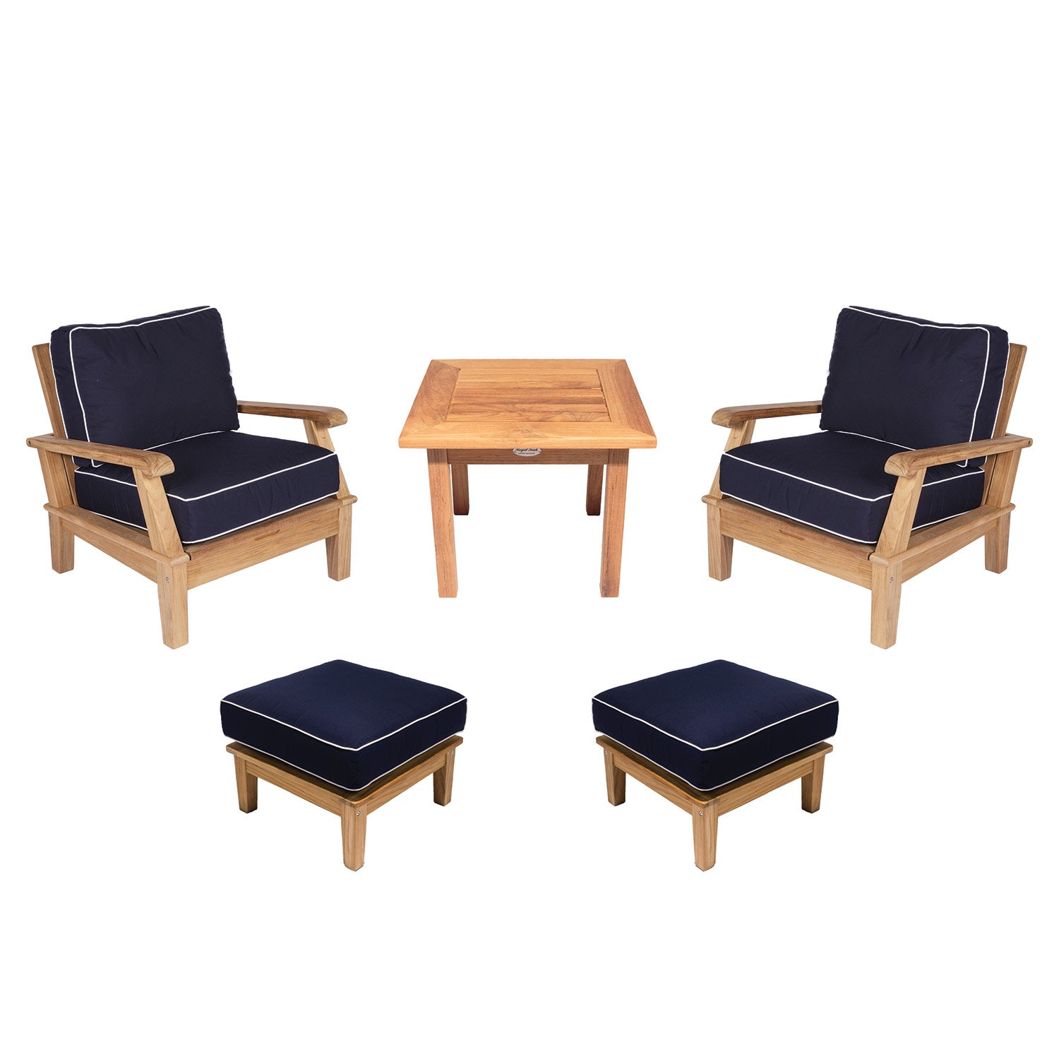 Royal Teak Collection P105 Miami Deep Seating 5-Piece Teak Patio Conversation Set with Chairs, Ottomans, Square Side Table & Sunbrella Cushions