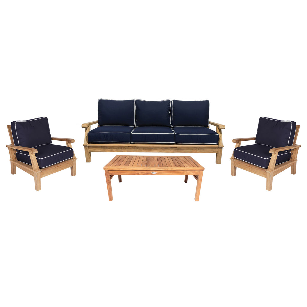 Royal Teak Collection P108 Miami Deep Seating 4-Piece Teak Patio Conversation Set with Seating, Rectangular Coffee Table & Sunbrella Cushions
