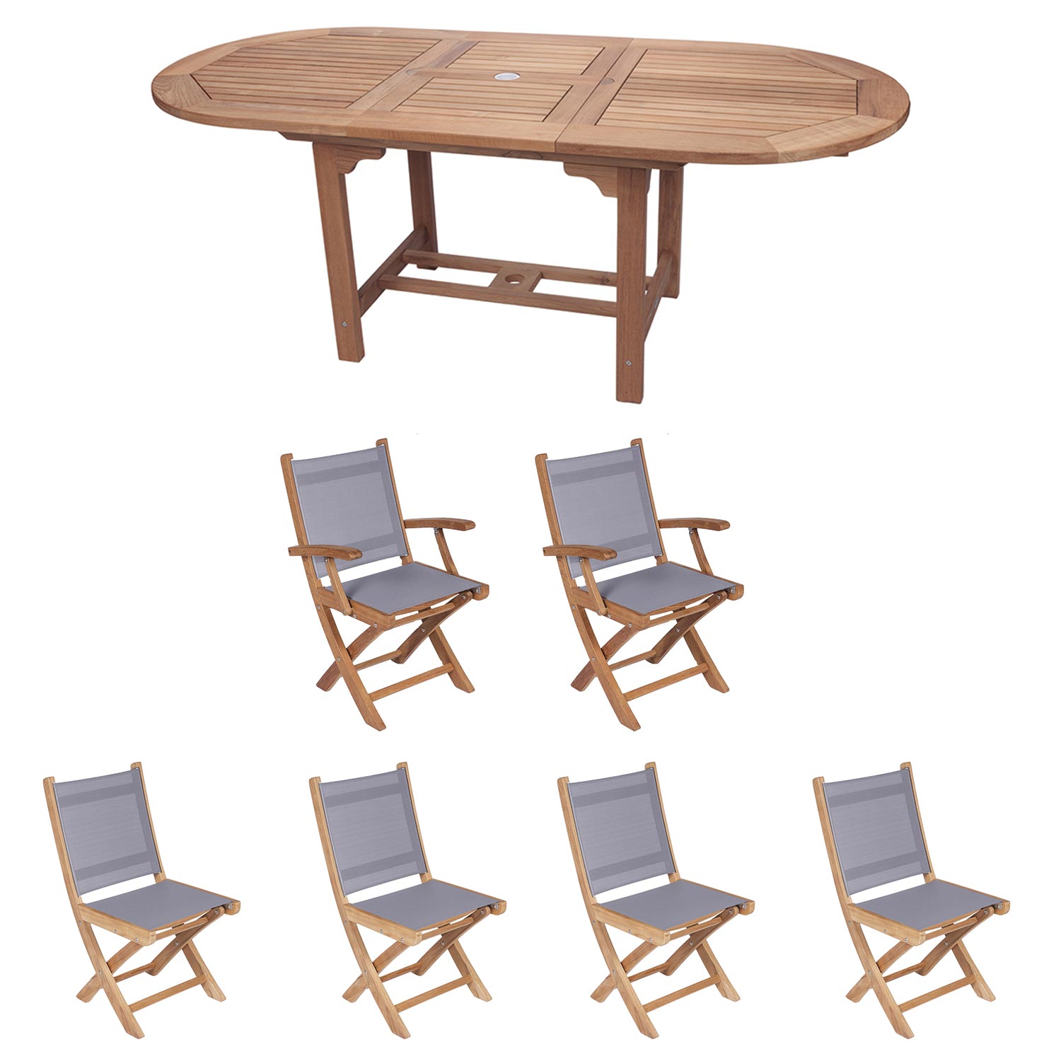 Royal Teak Collection P10 7-Piece Teak Patio Dining Set with 60/78-Inch Oval Expansion Table & Sailmate Sling Folding Chairs