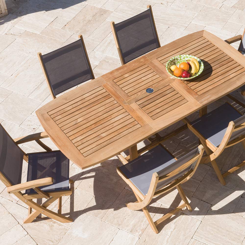 Royal Teak Collection P11 7-Piece Teak Patio Dining Set with 60/78-Inch Rectangular Expansion Table & Sailmate Sling Folding Chairs
