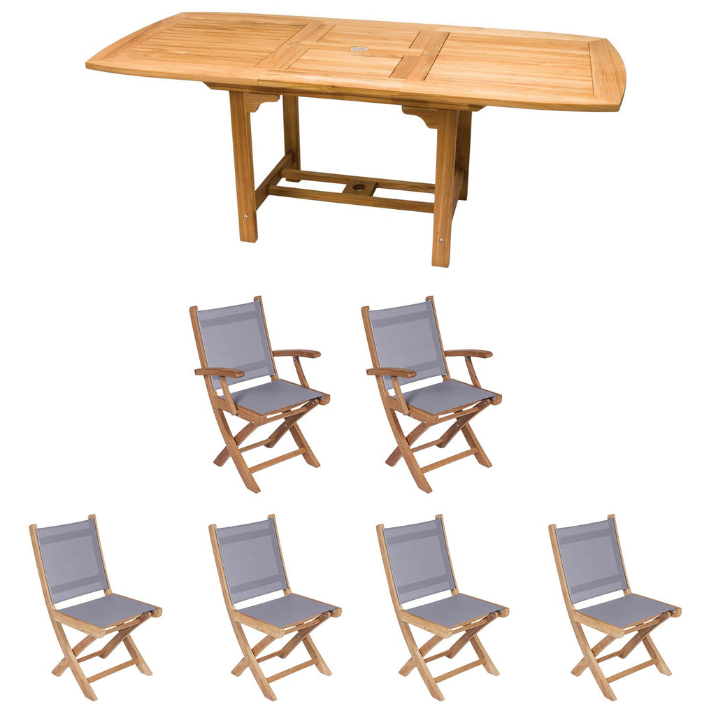 Royal Teak Collection P11 7-Piece Teak Patio Dining Set with 60/78-Inch Rectangular Expansion Table & Sailmate Sling Folding Chairs