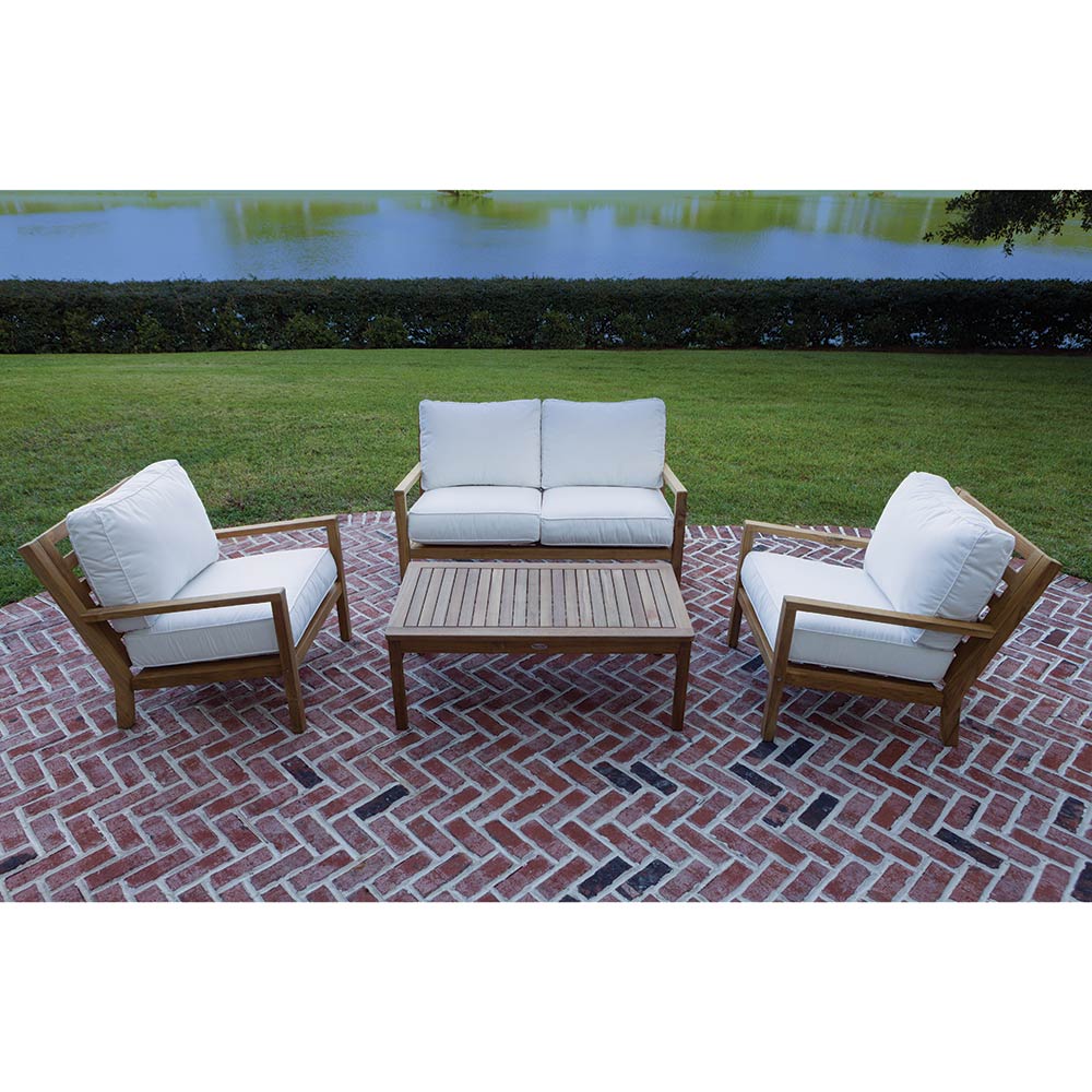 Royal Teak Collection P125 Coastal Deep Seating 4-Piece Teak Patio Conversation Set with Seating, Rectangular Coffee Table & Sunbrella Cushions