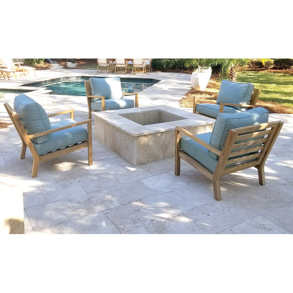 Royal Teak Collection P124 Coastal Deep Seating 4-Piece Teak Patio Conversation Set with 4 Chairs & Sunbrella Cushions