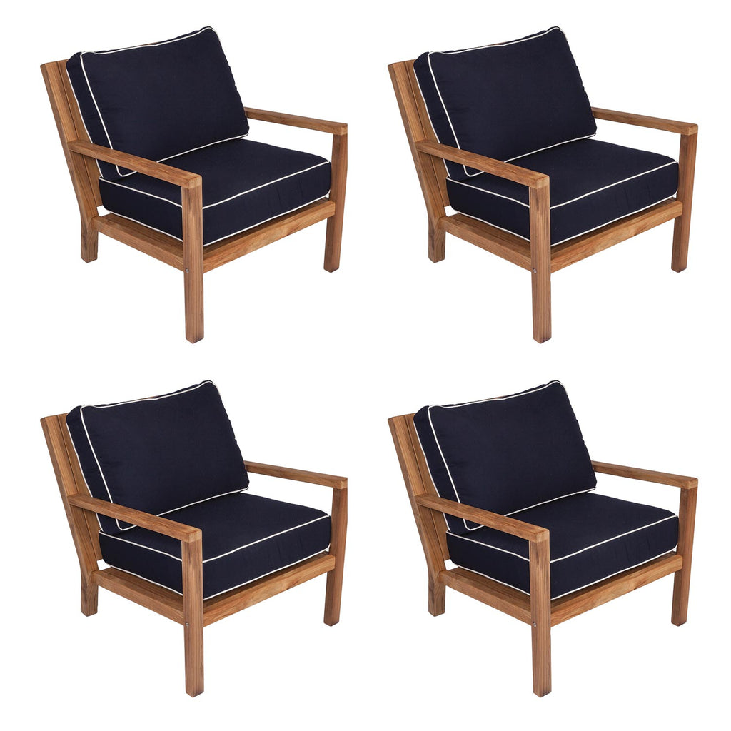 Royal Teak Collection P124 Coastal Deep Seating 4-Piece Teak Patio Conversation Set with 4 Chairs & Sunbrella Cushions