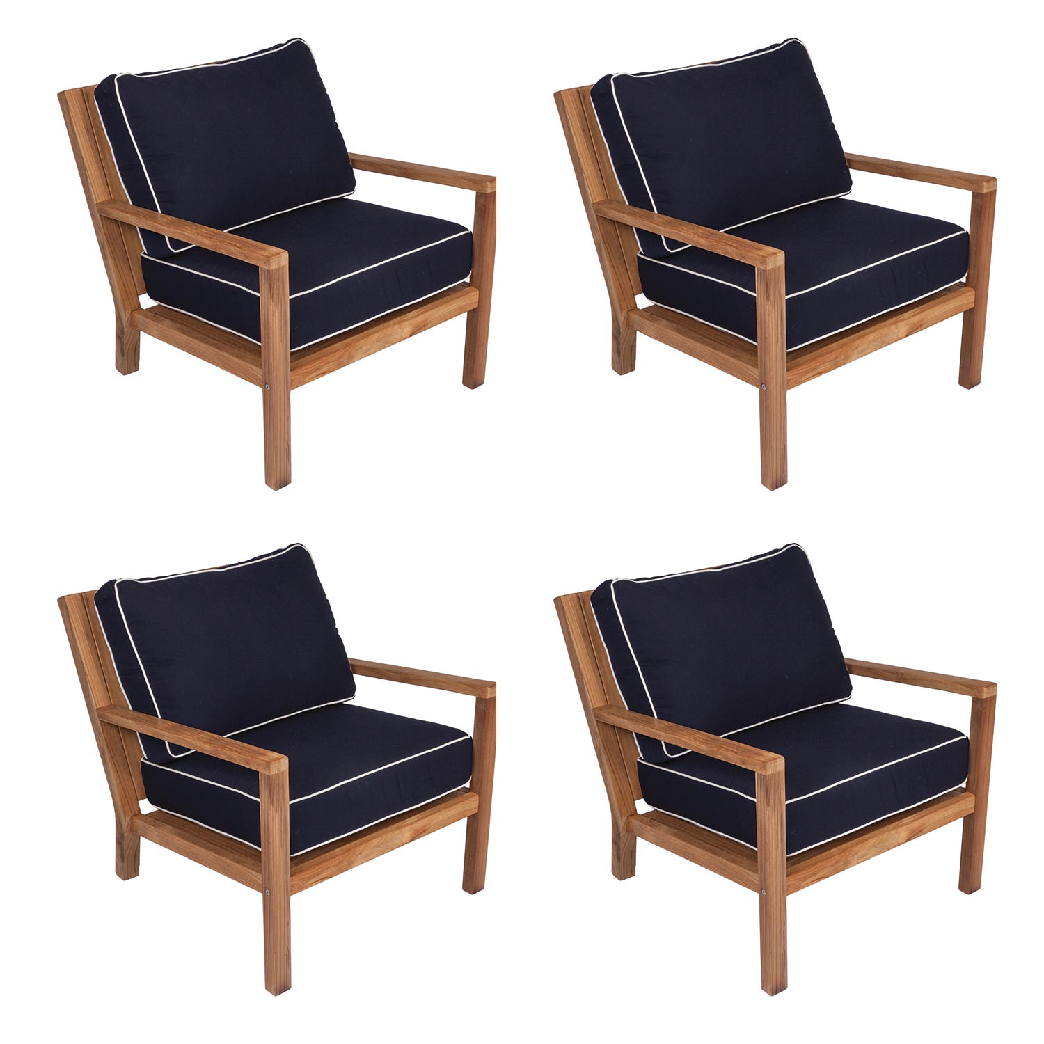 Royal Teak Collection P124 Coastal Deep Seating 4-Piece Teak Patio Conversation Set with 4 Chairs & Sunbrella Cushions