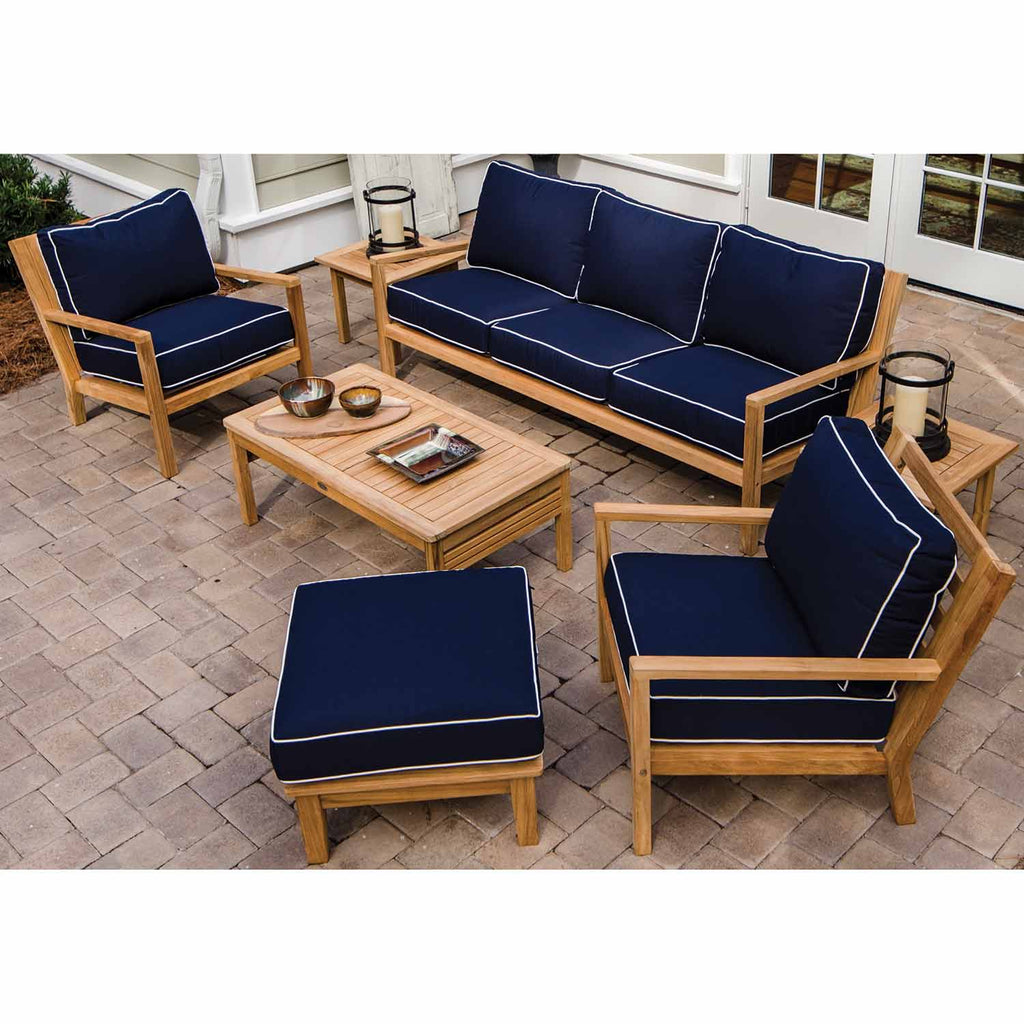 Royal Teak Collection P128 Coastal Deep Seating 7-Piece Teak Patio Conversation Set with Seating, Rectangular Coffee Table, Square Side Tables & Sunbrella Cushions