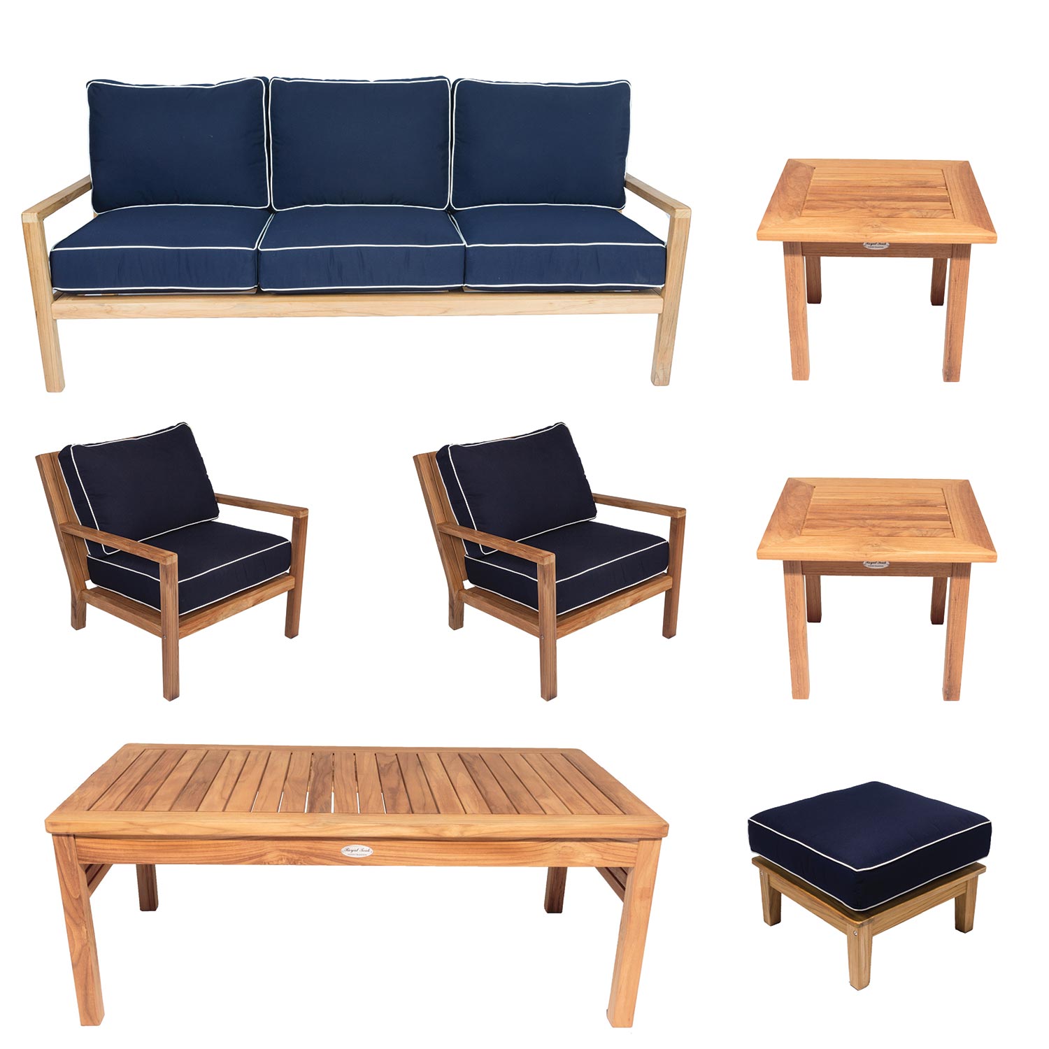 Royal Teak Collection P128 Coastal Deep Seating 7-Piece Teak Patio Conversation Set with Seating, Rectangular Coffee Table, Square Side Tables & Sunbrella Cushions