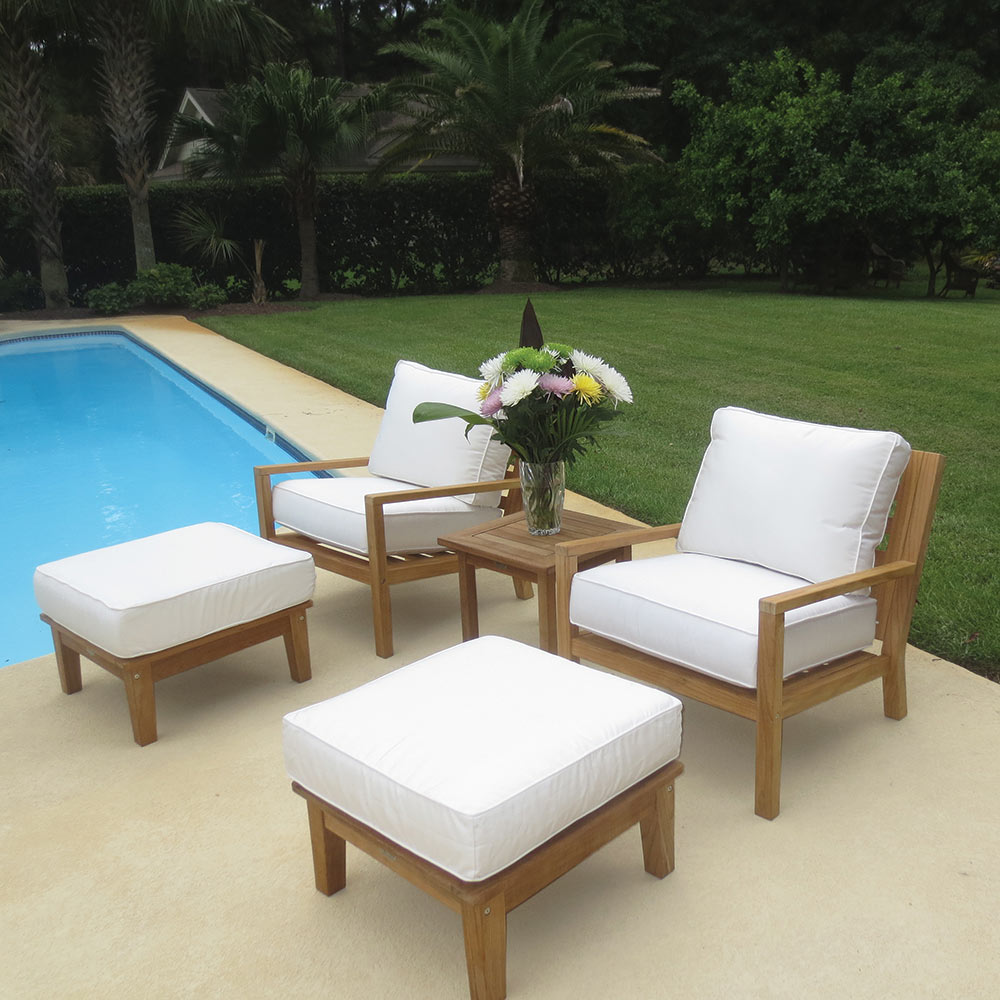 Royal Teak Collection P129 Coastal Deep Seating 5-Piece Teak Patio Conversation Set with Chairs, Ottomans, Square Side Table & Sunbrella Cushions