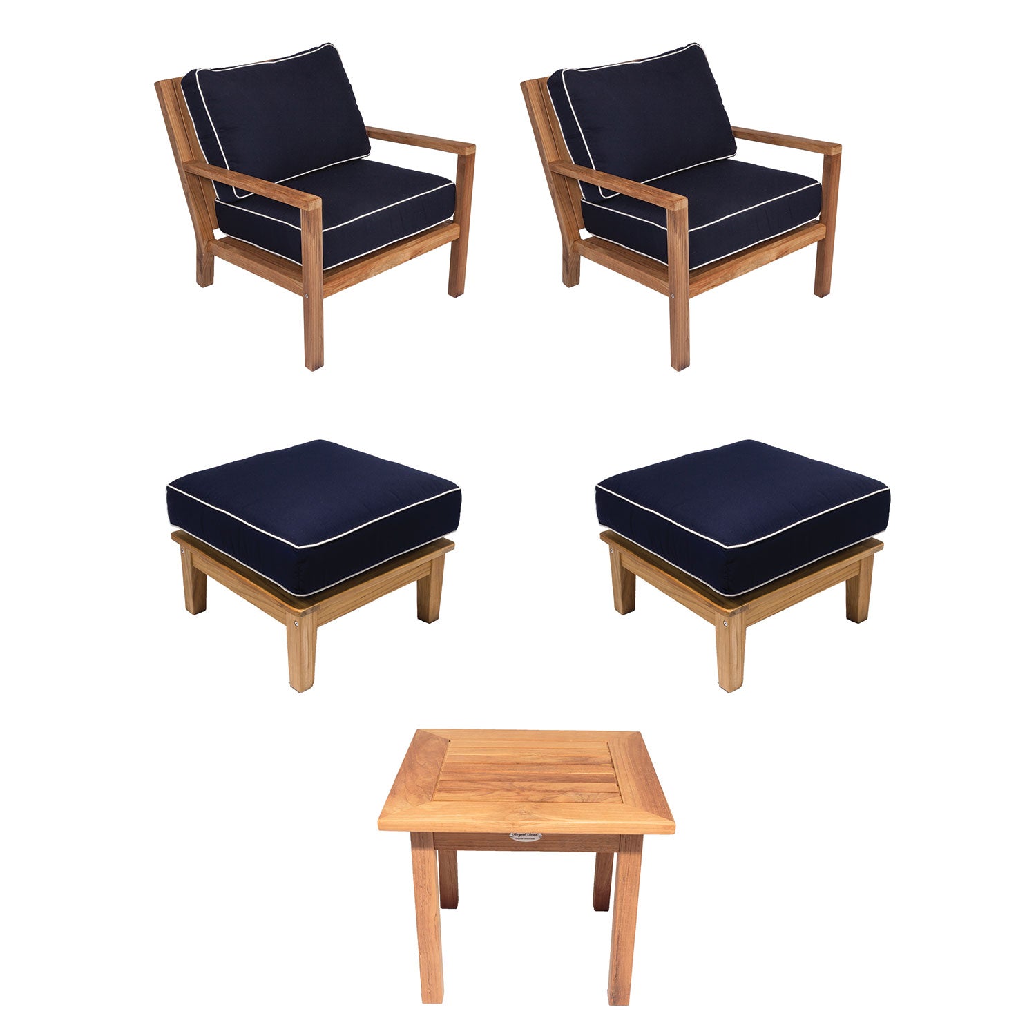 Royal Teak Collection P129 Coastal Deep Seating 5-Piece Teak Patio Conversation Set with Chairs, Ottomans, Square Side Table & Sunbrella Cushions