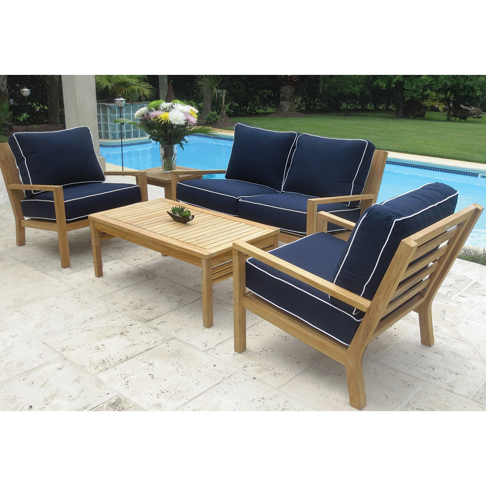 Royal Teak Collection P131 Coastal Deep Seating 5-Piece Teak Patio Conversation Set with Seating, Rectangular Coffee Table, Square Side Table & Sunbrella Cushions