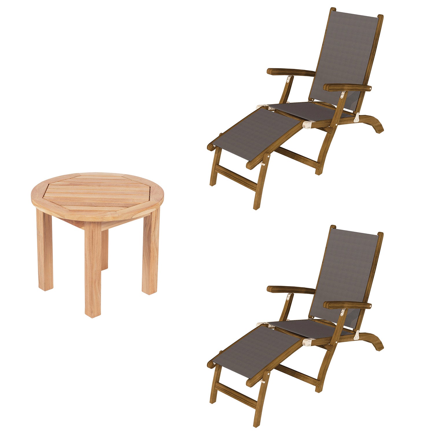 Royal Teak Collection P140 3-Piece Teak Patio Conversation Set with Sling Steamer Loungers & 20-Inch Round Side Table