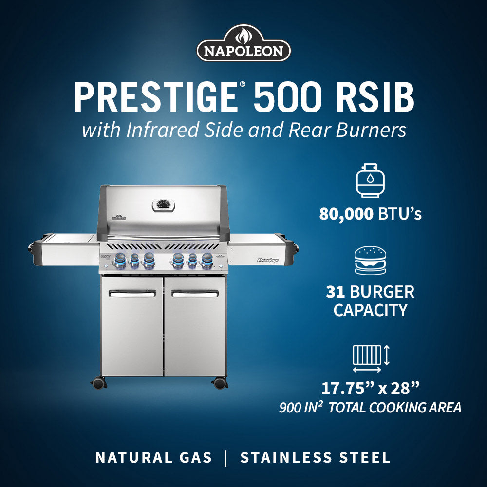Stainless steel gas grill with side and rear burners on a wheeled cart