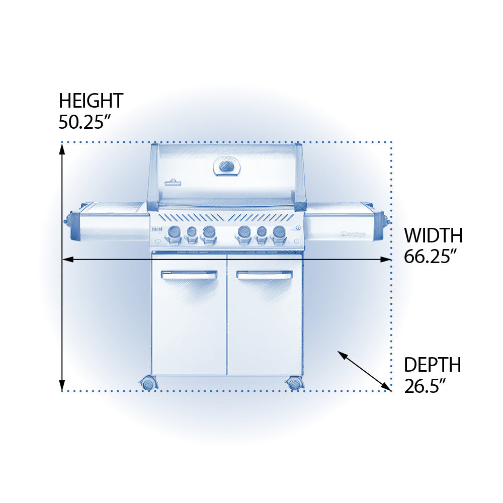 Gas grill size diagram with width, depth, and height measurements for the cart model