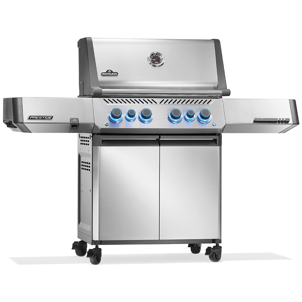 Stainless steel gas grill on cart with blue knob burners and side shelf, front view