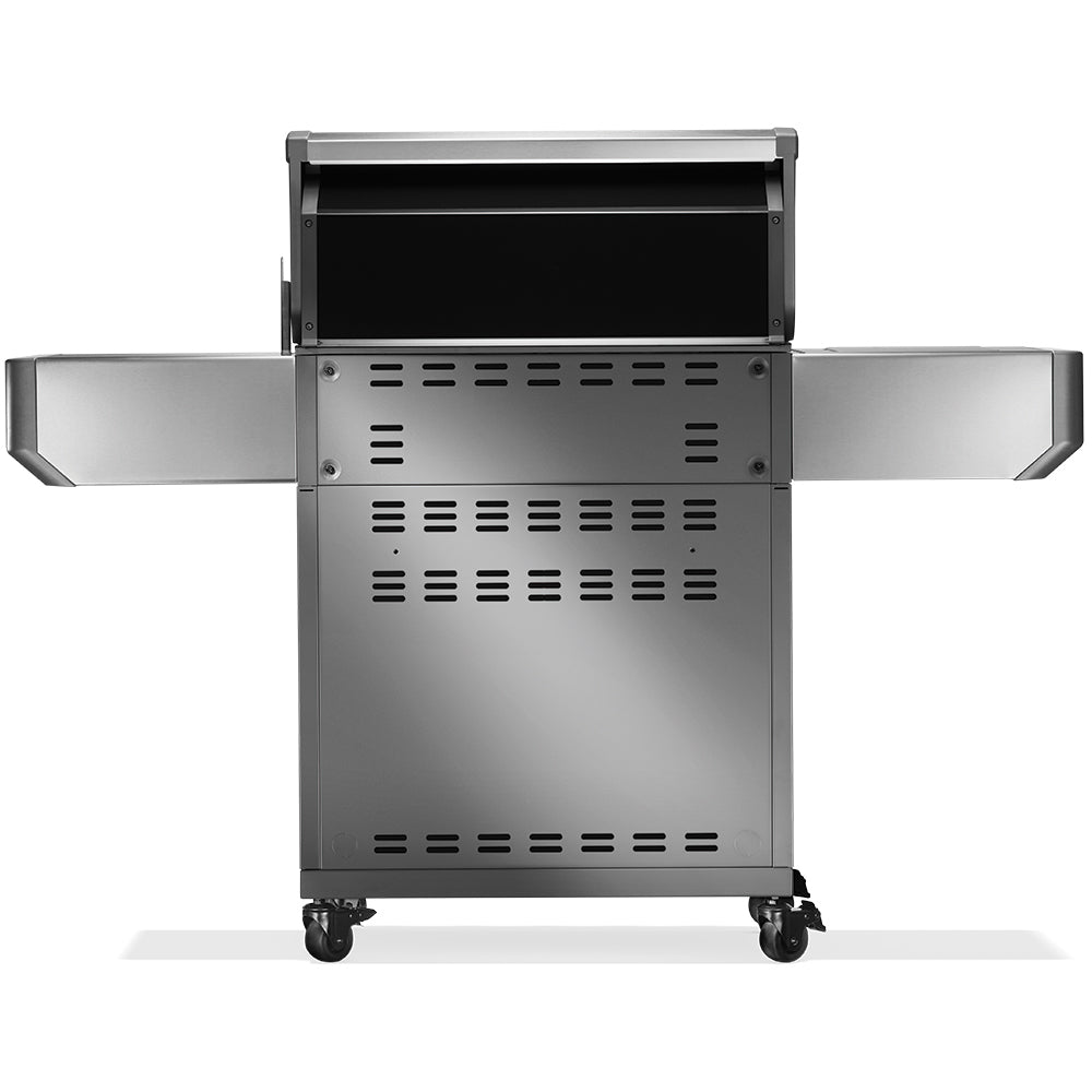 Gas grill on cart with lid open and control panel vents, front view
