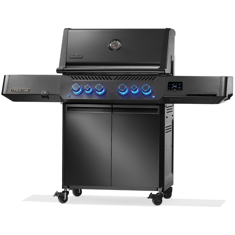 Black gas grill with lid, blue control knobs, and right-side control panel