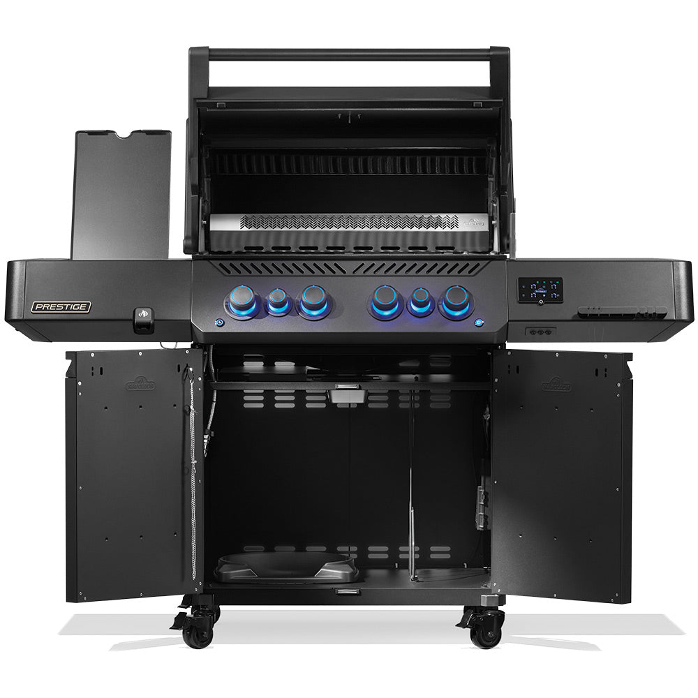Black gas grill with open hood showing main burners and side cabinet panels