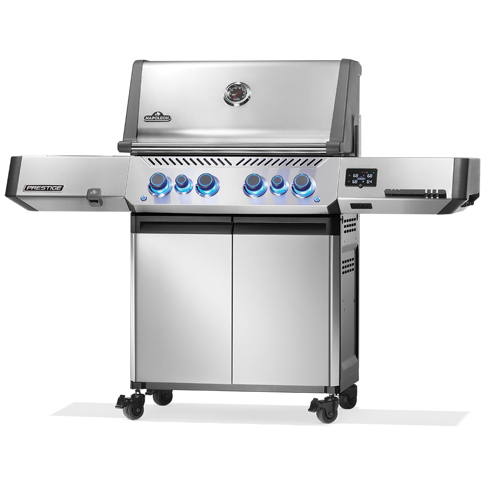 Stainless gas grill on cart with control panel, side shelves, and blue burner knobs