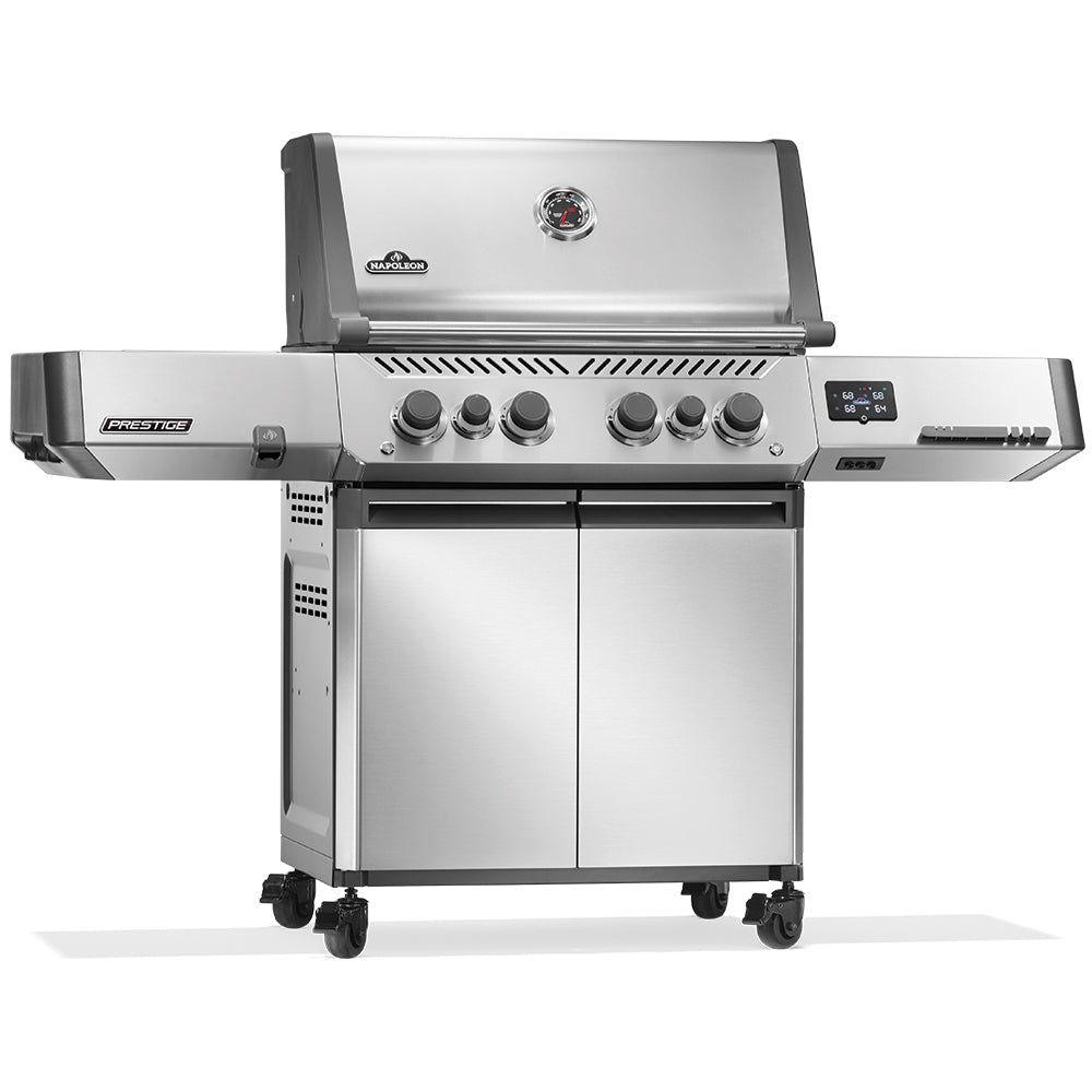 Stainless gas grill on cart with four blue control knobs and digital control display