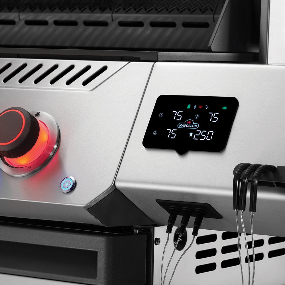 Gas grill control panel with lit knob, temperature screen, and side ignition buttons