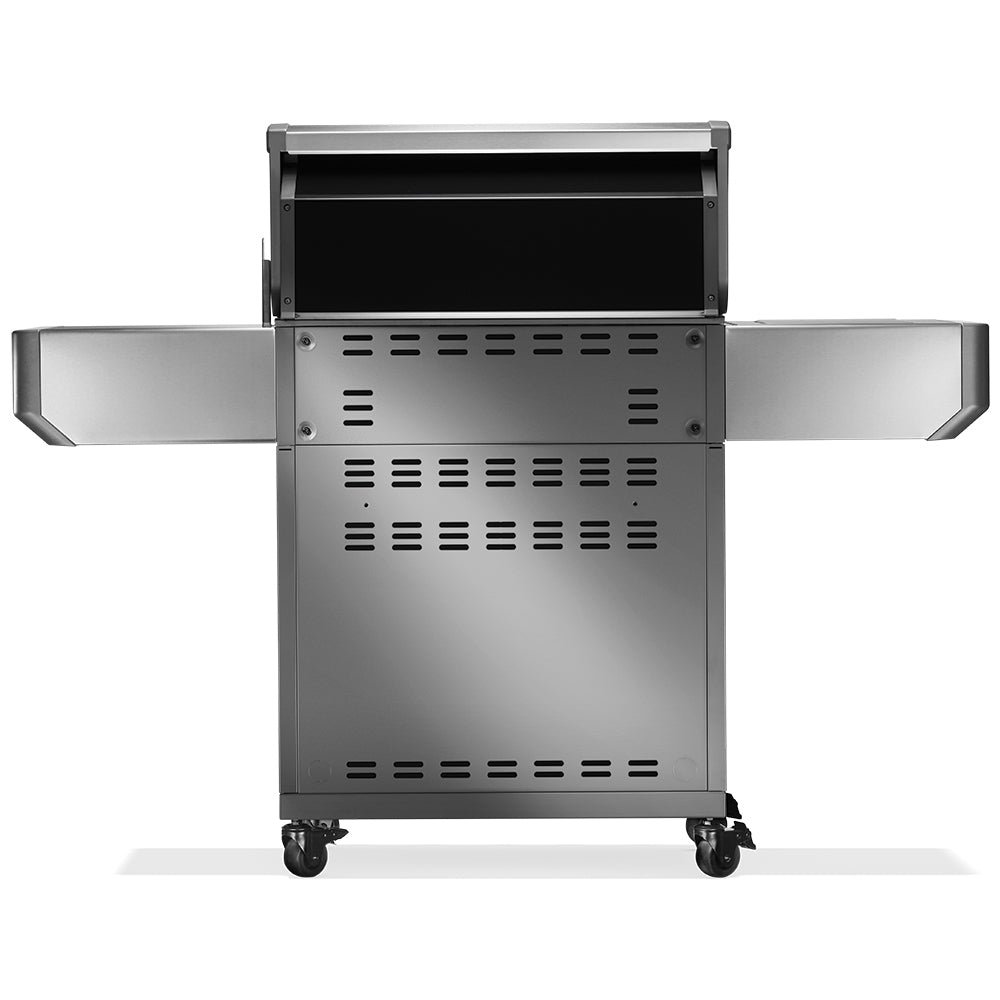 Stainless gas grill on cart with rear panel vents and wide side heat shields